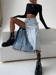 WomenDenim Side Split Button High Waist Midi Office Lady Jean Long Skirt