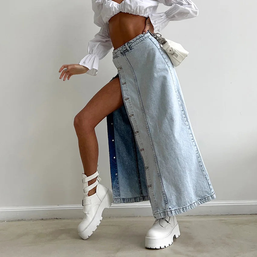 WomenDenim Side Split Button High Waist Midi Office Lady Jean Long Skirt