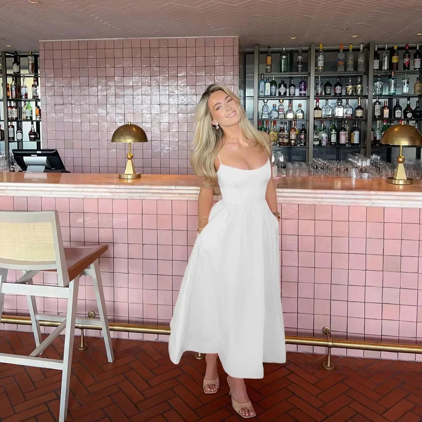 WomenPink and Pretty White Vacation Spaghetti Strap Beach A Line Party Casual Midi Dress