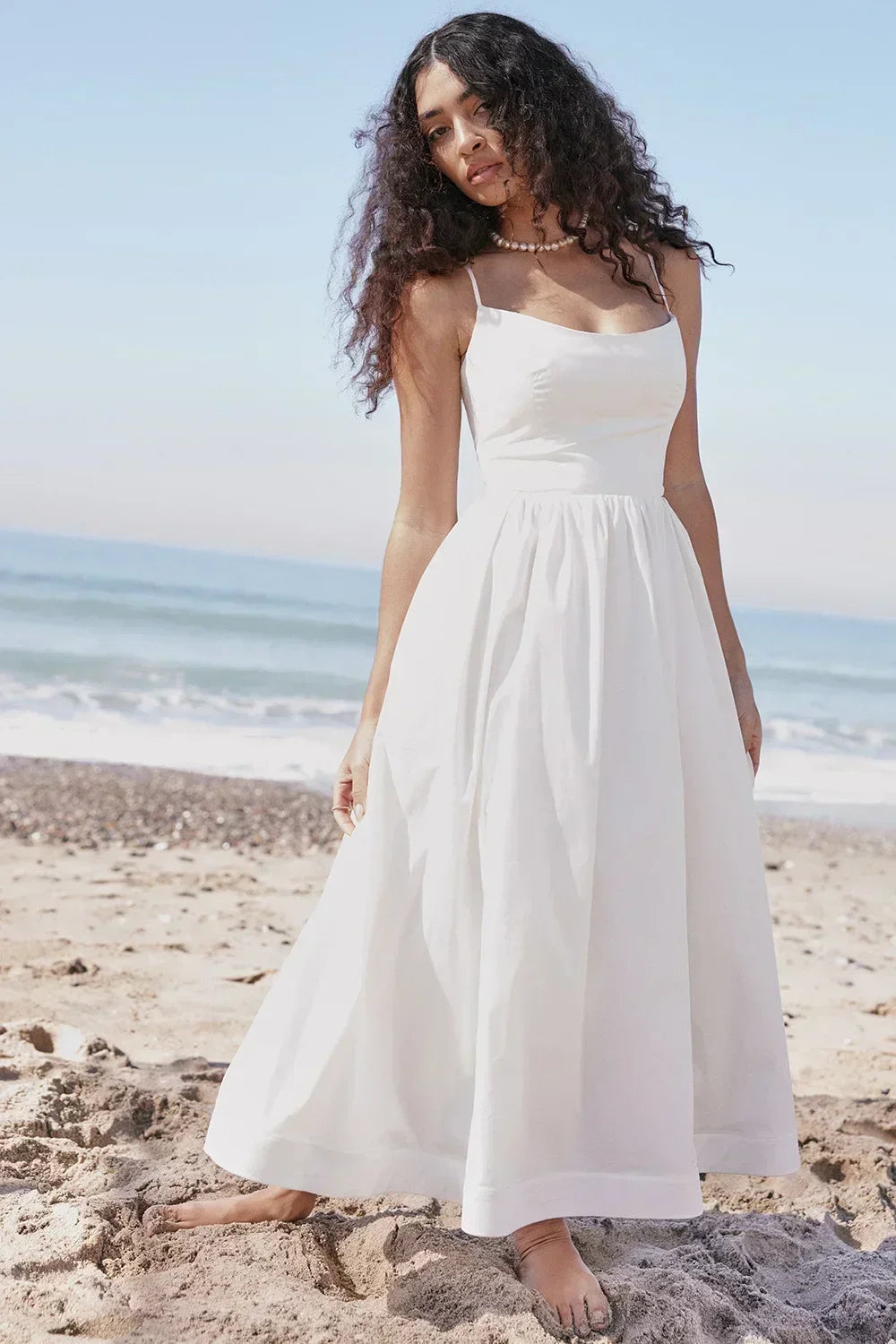 WomenPink and Pretty White Vacation Spaghetti Strap Beach A Line Party Casual Midi Dress