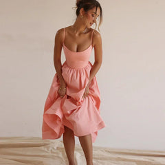 WomenPink and Pretty White Vacation Spaghetti Strap Beach A Line Party Casual Midi Dress