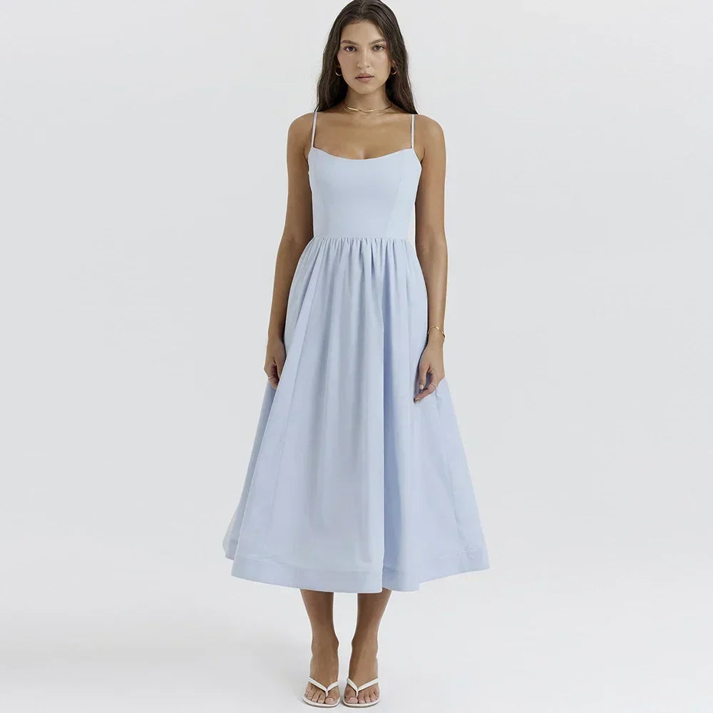 WomenPink and Pretty White Vacation Spaghetti Strap Beach A Line Party Casual Midi Dress