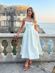 WomenPink and Pretty White Vacation Spaghetti Strap Beach A Line Party Casual Midi Dress