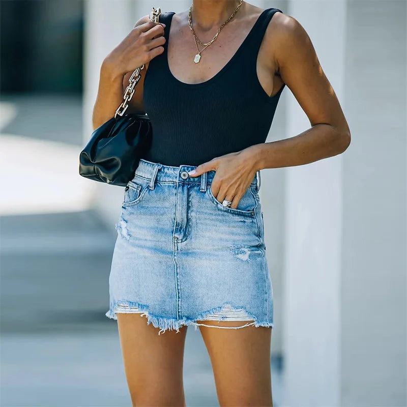 Denim Skirt Street Tooling Style Flap Ribbon Details Workwear High Street Skirt