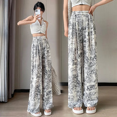 High Waist Casual Summer Slacks Pants Ice Silk Ankle-Length Long Pants