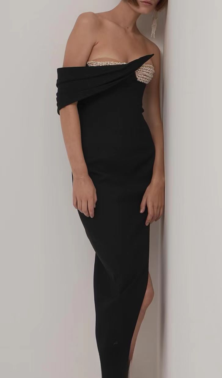 PEARL EMBELLISHED OFF-SHOULDER HIGH SPLIT DRESS