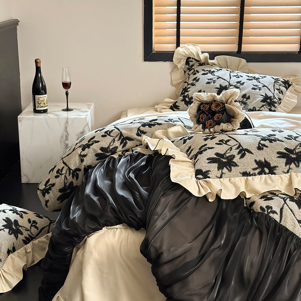 French Romantic Black Ruffled Cotton Duvet Cover