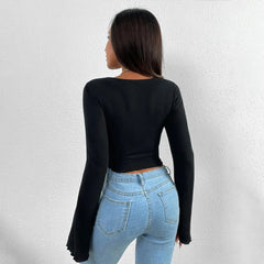 Sleeves Tucked Waist Irregular Knitted V-neck Holiday WomenLong Sleeve Polyester Y2k Top T-shirt
