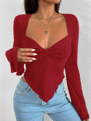 Sleeves Tucked Waist Irregular Knitted V-neck Holiday WomenLong Sleeve Polyester Y2k Top T-shirt