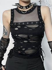 Mall Gothic Sexy Hole See Through Lace-up Streetwear Cyber Punk Rave Fashion Crop Top
