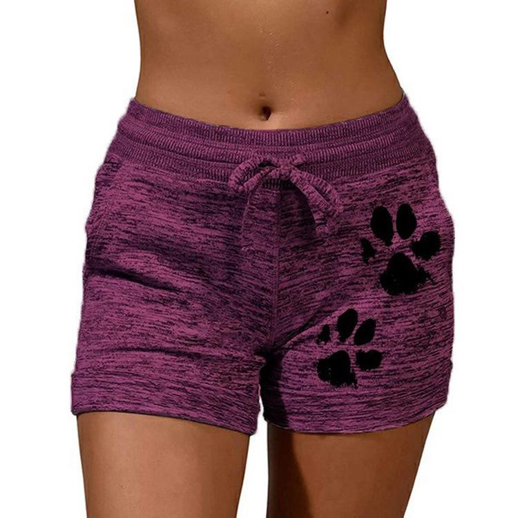 Womencute paws printed drawstring elastic waist yoga shorts