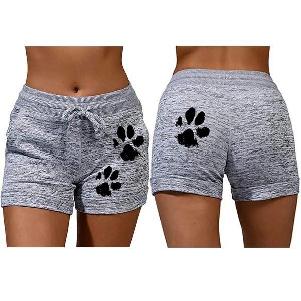 Womencute paws printed drawstring elastic waist yoga shorts