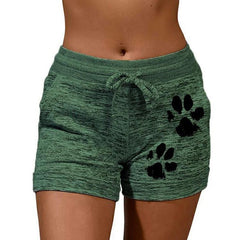 Womencute paws printed drawstring elastic waist yoga shorts