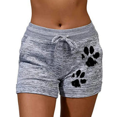 Womencute paws printed drawstring elastic waist yoga shorts