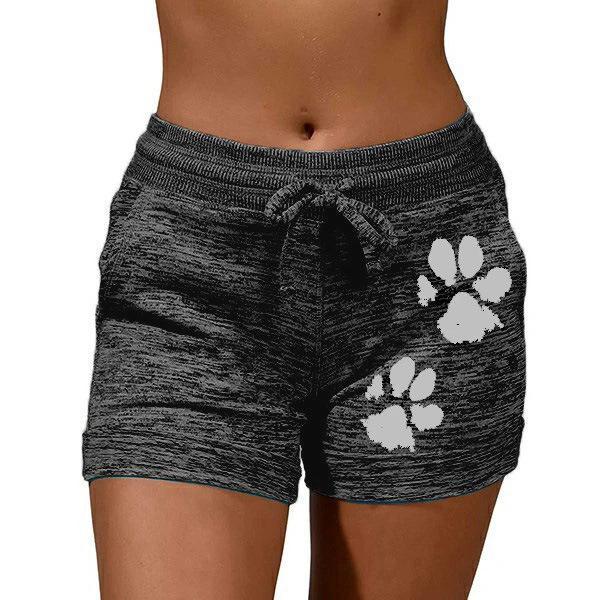 Womencute paws printed drawstring elastic waist yoga shorts