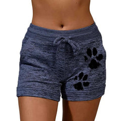 Womencute paws printed drawstring elastic waist yoga shorts