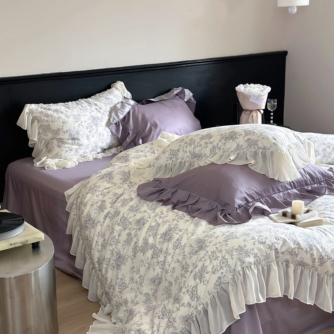 French Floral Print Lace Cotton Duvet Cover