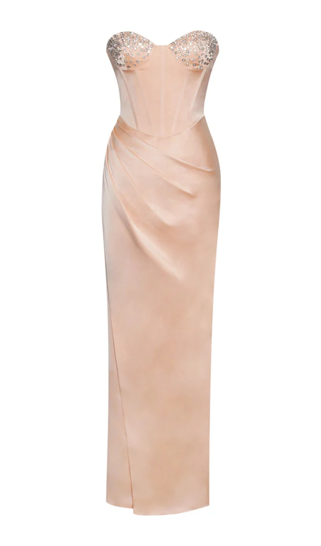 BLUSH SATIN CORSET SLIT GOWN WITH CRYSTAL EMBELLISHED