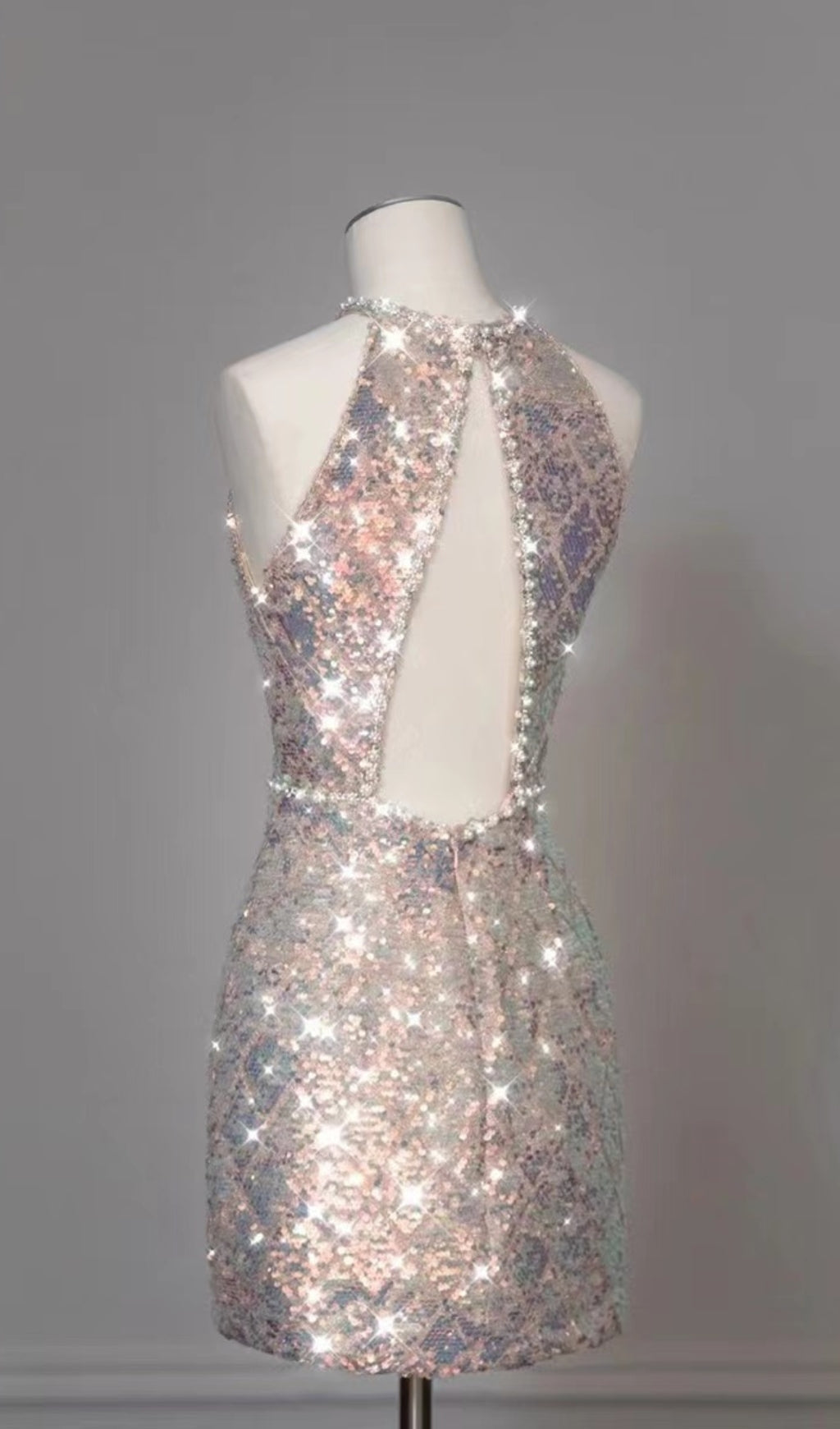 SEQUIN HALTER GAUZE BOW MINI DRESS