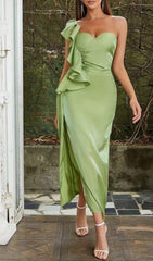 ONE SHOULDER RUFFLE TRIM SPLIT THIGH DRESS