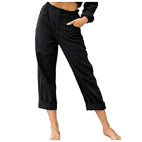 Beach Linen Shorts 3/4 Sweatpants Capri Pants Elastic Waist Cropped Harem Pants