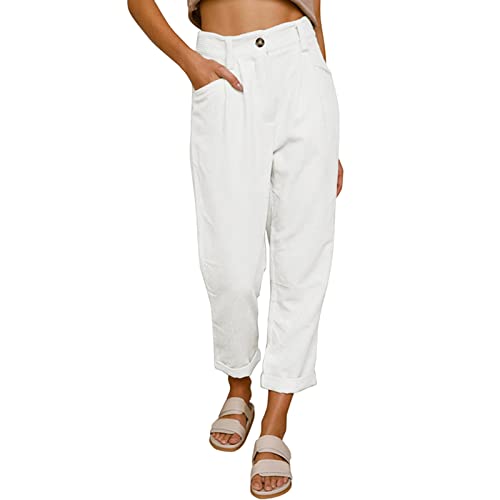 Beach Linen Shorts 3/4 Sweatpants Capri Pants Elastic Waist Cropped Harem Pants
