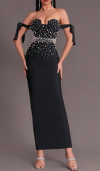 PEARL EMBELLISHED BACKLESS BODYCON MAXI DRESS