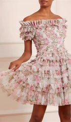 FLORAL OFF-SHOULDER MINI DRESS IN NYLON