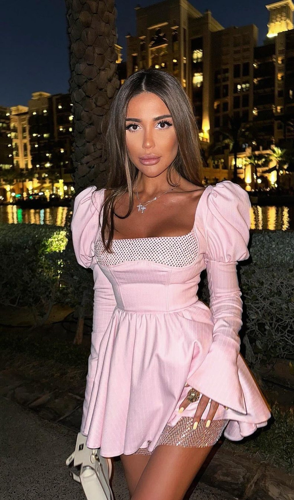 PUFF LONG SLEEVE CRYSTAL CORSET A LINE DRESS IN PINK