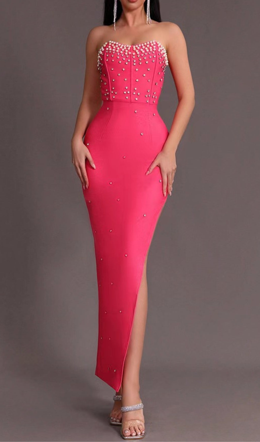 RED BEADED STRAPLESS SIDE SLIT BANDAGE DRESS