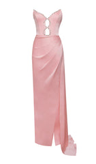 PINK SATIN CRYSTAL EMBELLISHED HIGH SLIT GOWN