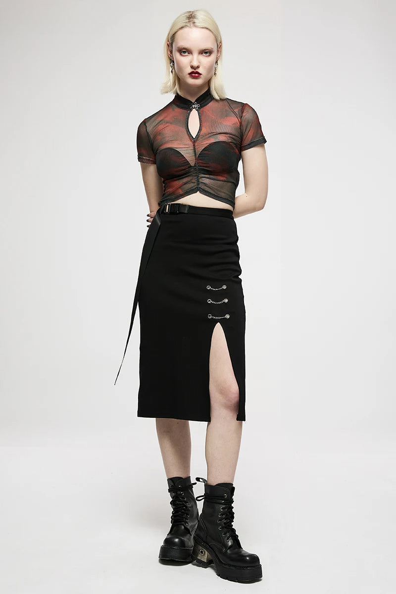 WomenDaily Dark Minimalist Chain-embellished Long Casual Personality Front Side Slit Mid-length Skirt