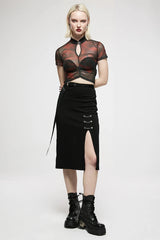 WomenDaily Dark Minimalist Chain-embellished Long Casual Personality Front Side Slit Mid-length Skirt