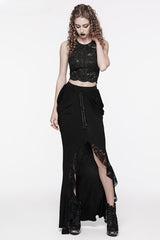 WomenGothic Knitted Fabric and Lace Half Hip Side Pleats Designed Slim Sexy Long Skirt