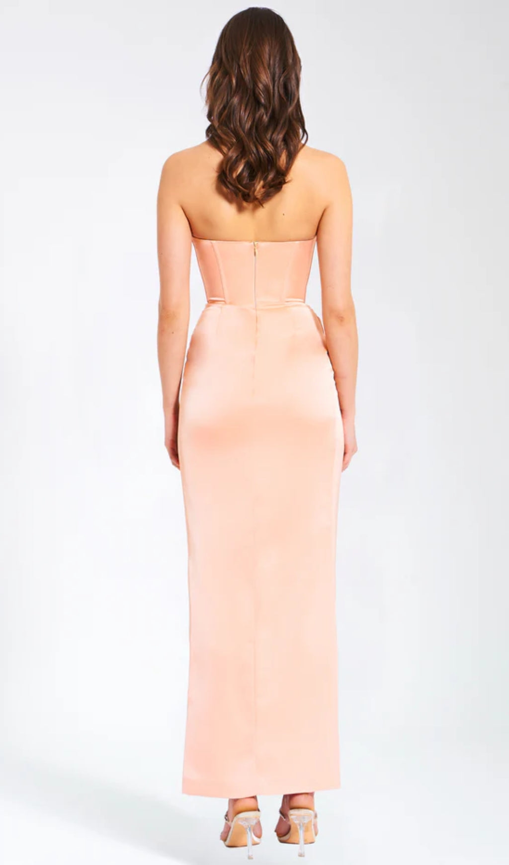 BLUSH SATIN CORSET SLIT GOWN WITH CRYSTAL EMBELLISHED