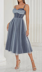 RUCHED BUST RHINESTONE MESH CAMI DRESS