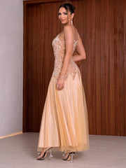 Contrast Sequins Mesh Panel Prom Dress