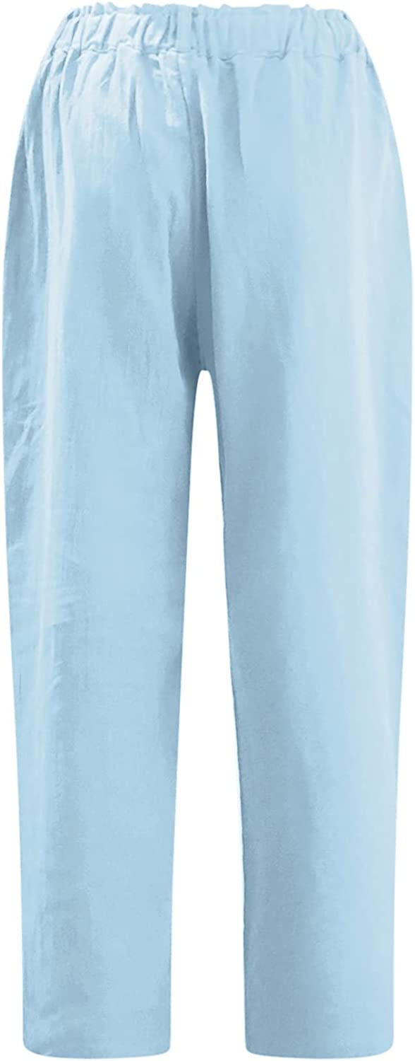 Beach Linen Shorts 3/4 Sweatpants Capri Pants Elastic Waist Cropped Harem Pants