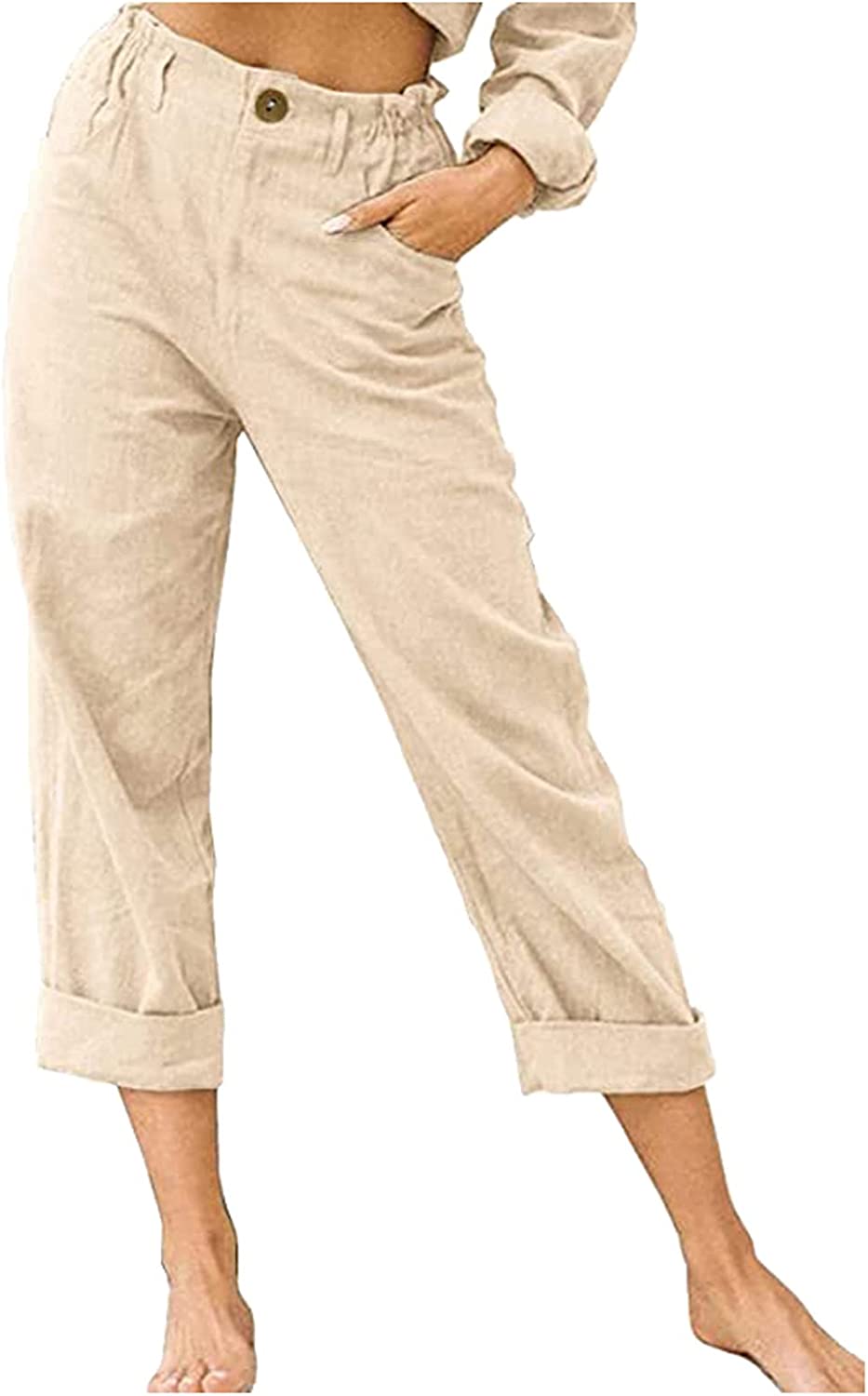 Beach Linen Shorts 3/4 Sweatpants Capri Pants Elastic Waist Cropped Harem Pants