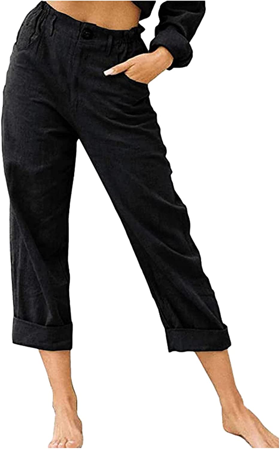 Beach Linen Shorts 3/4 Sweatpants Capri Pants Elastic Waist Cropped Harem Pants