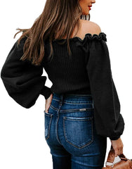 Sweaters Casual Long Lantern Sleeve Square Neck Ruffle Knit Pullovers Tops