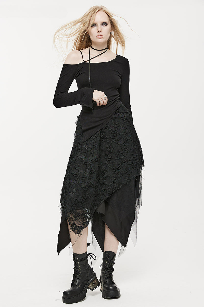 WomenStyle Dry Butterfly Asymmetrical Half Fashion Mesh Burnt and Tattered Black Skirt