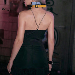 Mysterious Chain Black Cross Print Black Crop Top