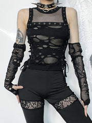 Mall Gothic Sexy Hole See Through Lace-up Streetwear Cyber Punk Rave Fashion Crop Top