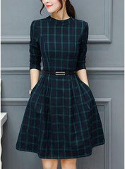 dress autumn outfit plaid print long sleeve o neck belted outfit
