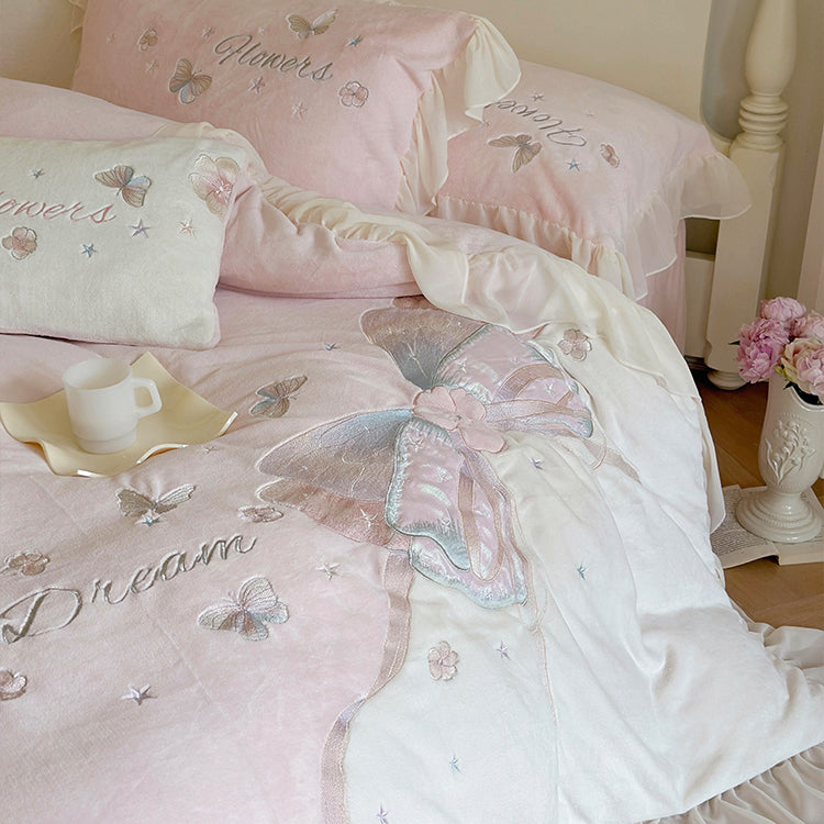 Butterfly Embroidery Milk Velvet Autumn/Winter Duvet Cover Set