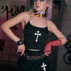 Mysterious Chain Black Cross Print Black Crop Top
