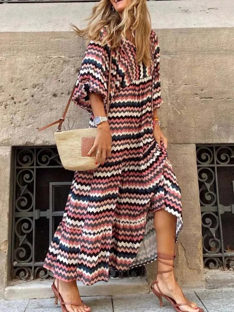 Half Bubble Sleeves V-Neck Fashion Print Boho Dress