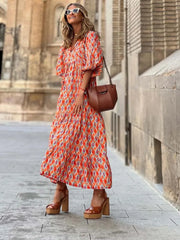 Half Bubble Sleeves V-Neck Fashion Print Boho Dress