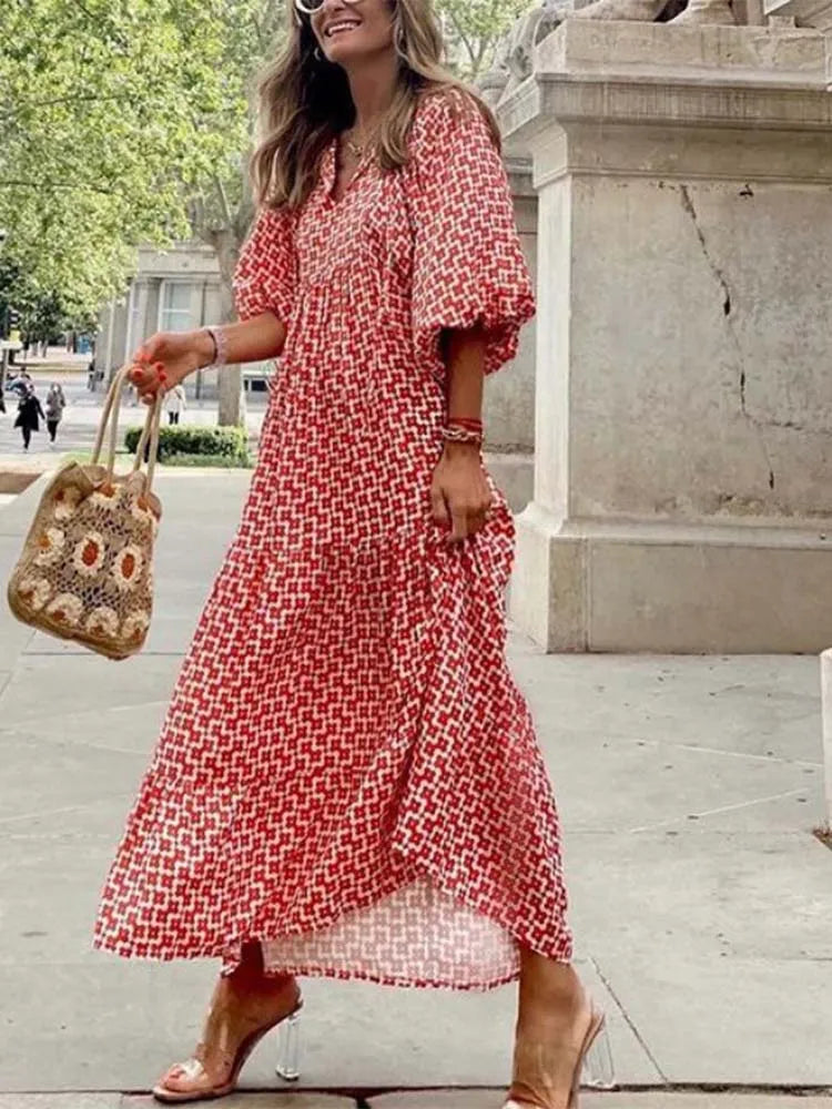 Half Bubble Sleeves V-Neck Fashion Print Boho Dress